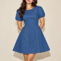 Vestido Denim Puff Sleeve Fit & Flare Azul Medio – Image 2