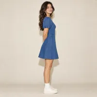Vestido Denim Puff Sleeve Fit & Flare Azul Medio – Image 4