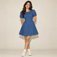 Vestido Denim Puff Sleeve Fit & Flare Azul Medio – CHICO