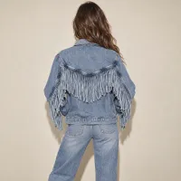 Chamarra Denim Con Flecos Western Azul Medio – Image 2