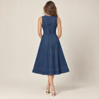 Vestido Midi Acampanado Denim Azul Oscuro – Image 2