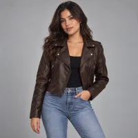 Chamarra Moto Faux Leather Corta – CAFE, CHICA