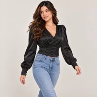 Blusa Satinada Corset Con Manga Farol Y Botones – Imagen 2