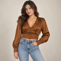 Blusa Satinada Corset Con Manga Farol Y Botones – CAFE, MEDIANA