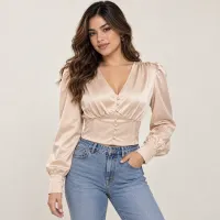 Blusa Satinada Corset Con Manga Farol Y Botones – CHAMPAGNA, MEDIANA
