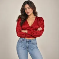 Blusa Satinada Corset Con Manga Farol Y Botones – ROJO, EXTRA GRANDE