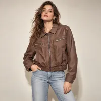 Bomber Faux Leather Smocked Hem  – CAFE, CHICA