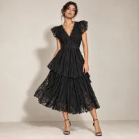 Vestido De Encaje Escalonado Con Moño Negro – CHICO