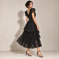 Vestido De Encaje Escalonado Con Moño Negro – Image 3