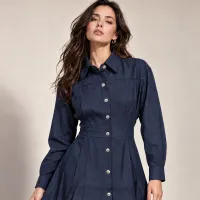 Vestido Camisero Plisado Denim Café Y Azul – Imagen 5
