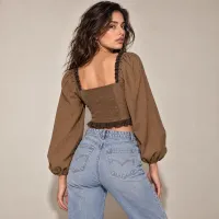 Blusa Crop Corset Manga Globo Gingham – Imagen 3