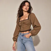 Blusa Crop Corset Manga Globo Gingham – Imagen 2