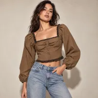 Blusa Crop Corset Manga Globo Gingham – CAFE, GRANDE