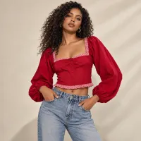 Blusa Crop Corset Manga Globo Gingham – RED, GRANDE