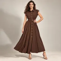Vestido Camisero Maxi Con Cinturón  – CAFE, MEDIANA