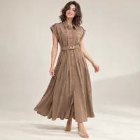 Vestido Camisero Maxi Con Cinturón  – BEIGE, MEDIANA