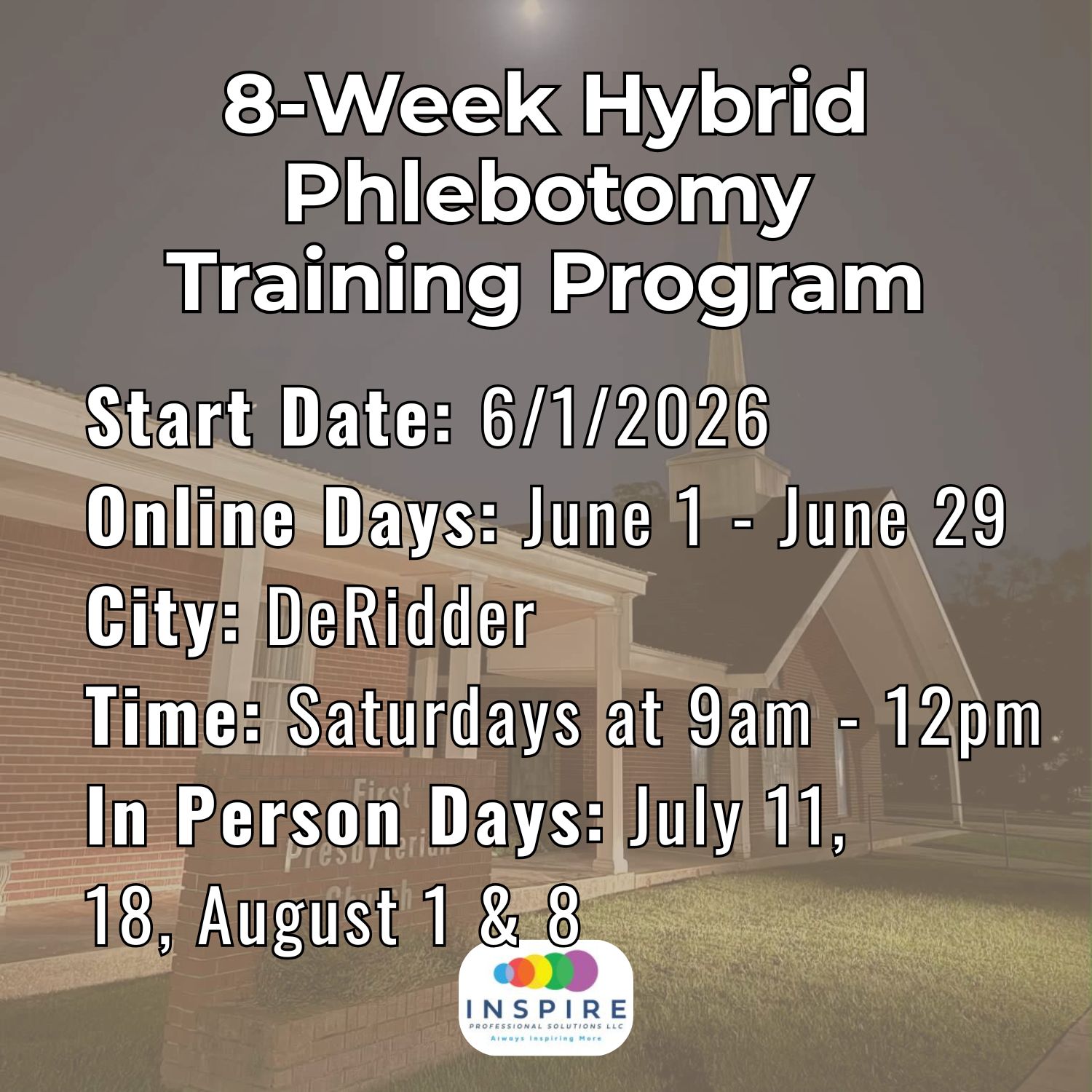 6/1/26: 1999 PHL - DeRidder - Sat AM:  8-Week Hybrid Phlebotomy Training Program – Image 1