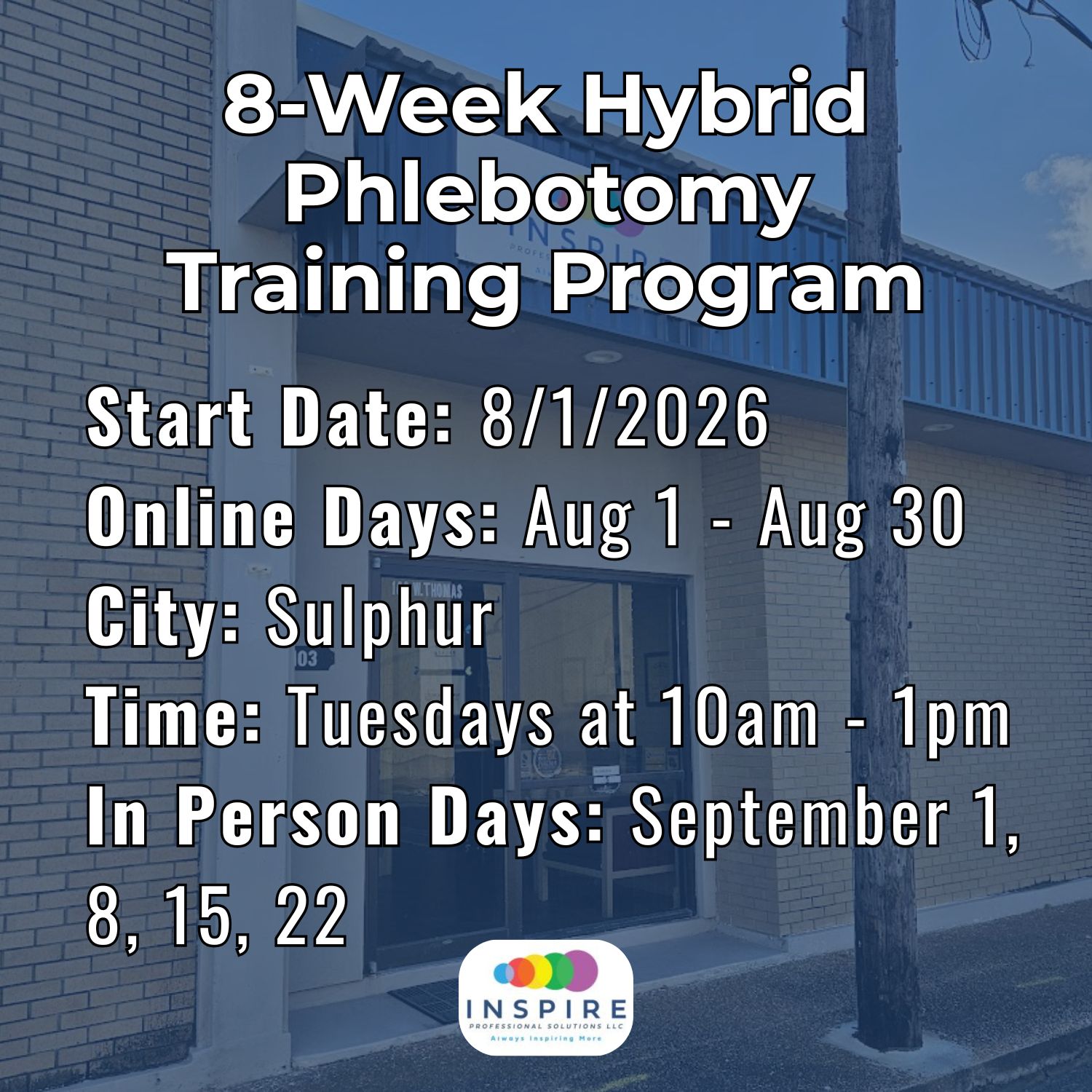 8/1/26: 1999 PHL - Sulphur - Tues AM:  8-Week Hybrid Phlebotomy Training Program – Image 1