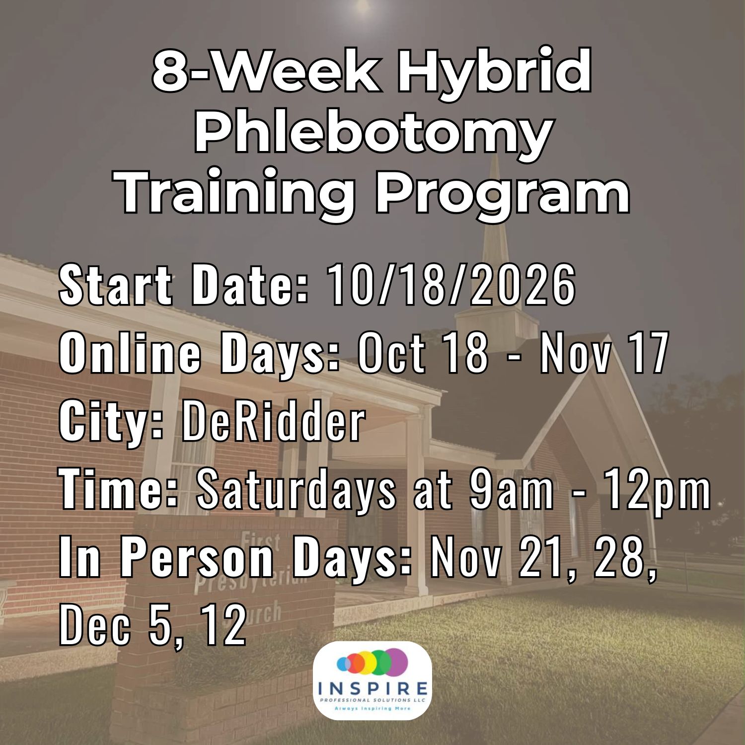 10/18/26: PHL - DeRidder - Sat AM:  8-Week Hybrid Phlebotomy Training Program – Image 1