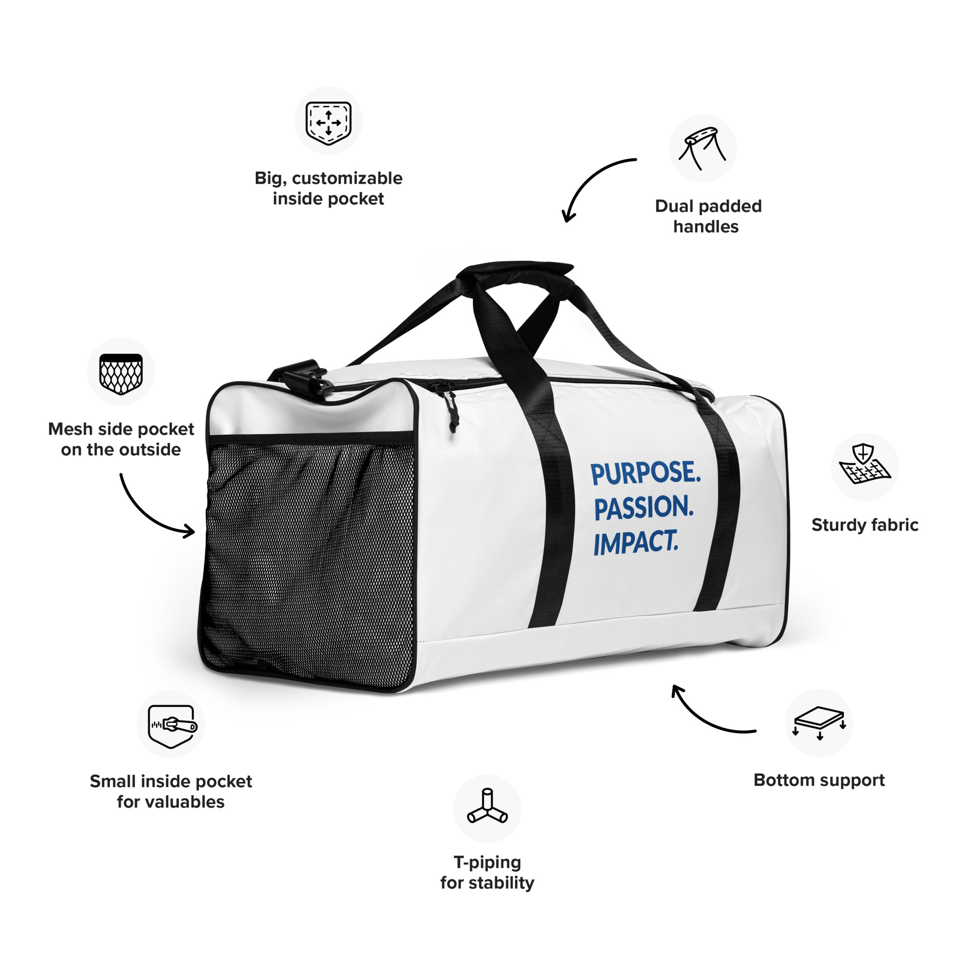 HFTT Weekender Duffle Bag | Purpose. Passion. Impact. (White) – Image 4
