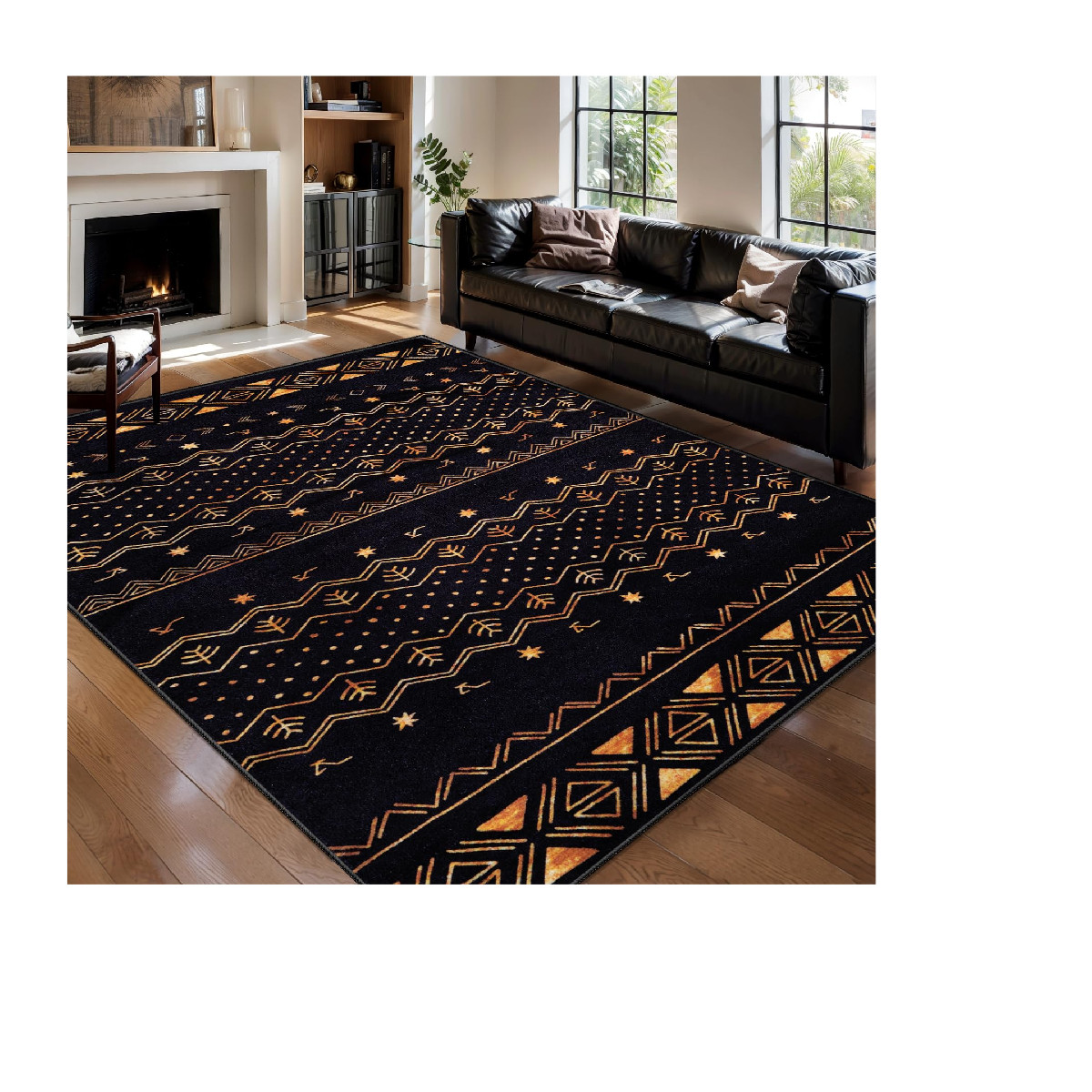Serissa Washable Boho Area Rug, Black & Gold – 6x9