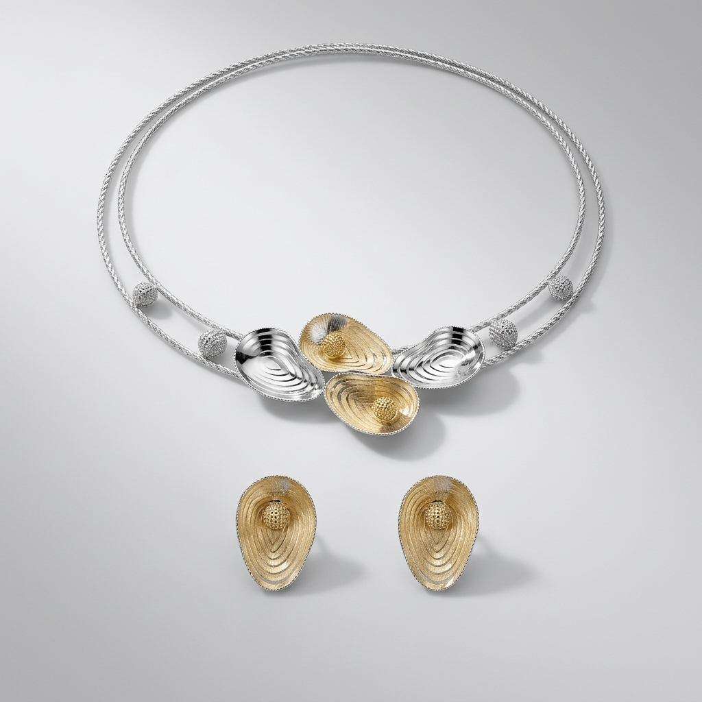 Elegant Two-Tone White & Yellow Gold Shell Motif Necklace & Earring Set – Image 2