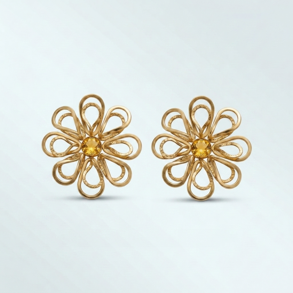 Gold Wirework Floral Stud Earrings with Citrine – Image 2