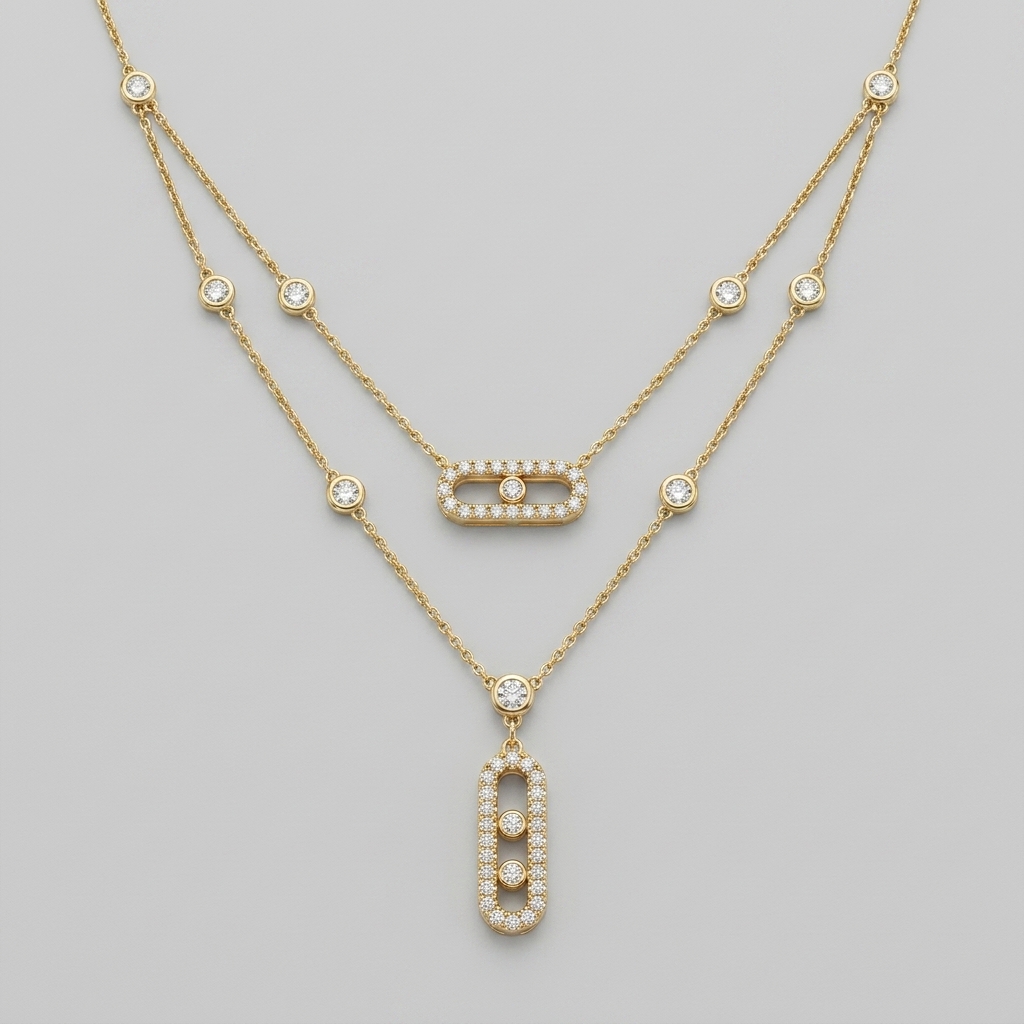 18K Yellow Gold Two-Layer Move Diamond Necklace (6.35g) – Image 2