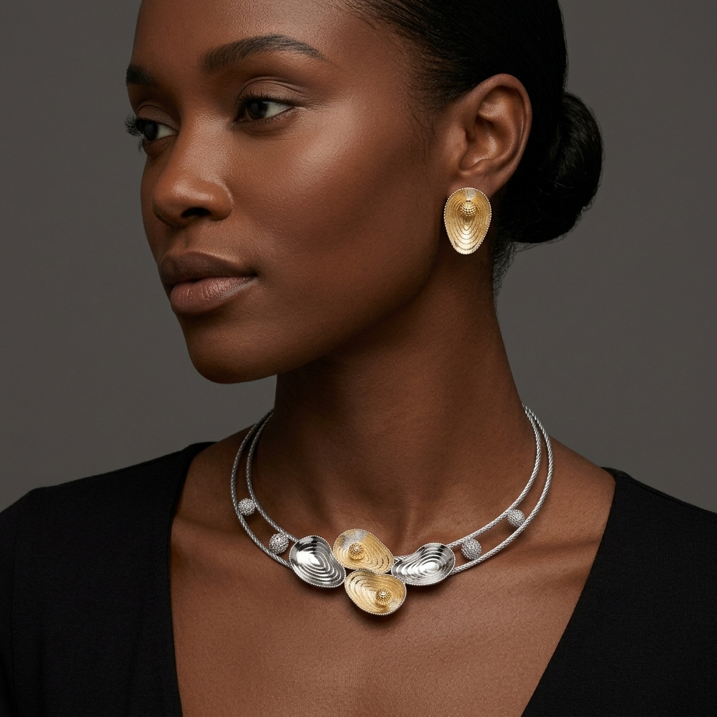 Elegant Two-Tone White & Yellow Gold Shell Motif Necklace & Earring Set – Image 1