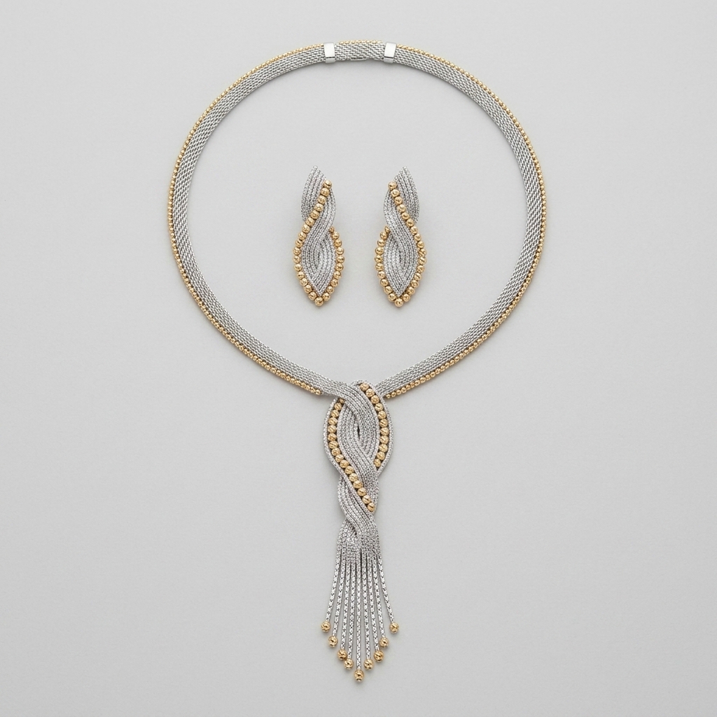 18K Two-Tone Woven Mesh Tassel Necklace and Drop Earring Set – Image 2