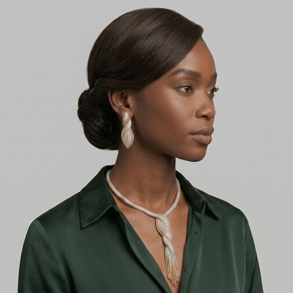 18K Two-Tone Woven Mesh Tassel Necklace and Drop Earring Set – Image 1
