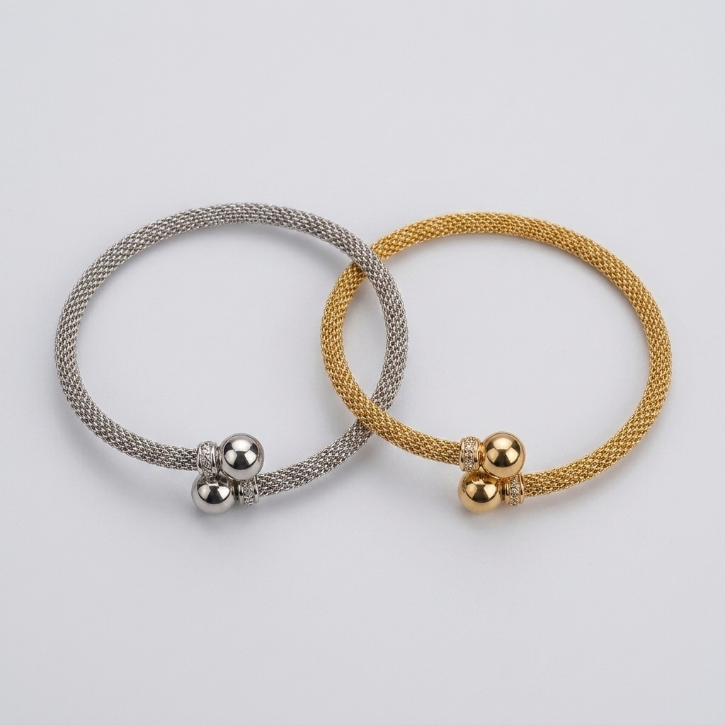 18K Two-Tone Flexible Woven Mesh Bypass Cuff Bracelet – Image 2