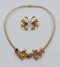 Sculptural Gold Floral Collar Necklace & Earrings Set with Multi-Color Gemstones – Image 1
