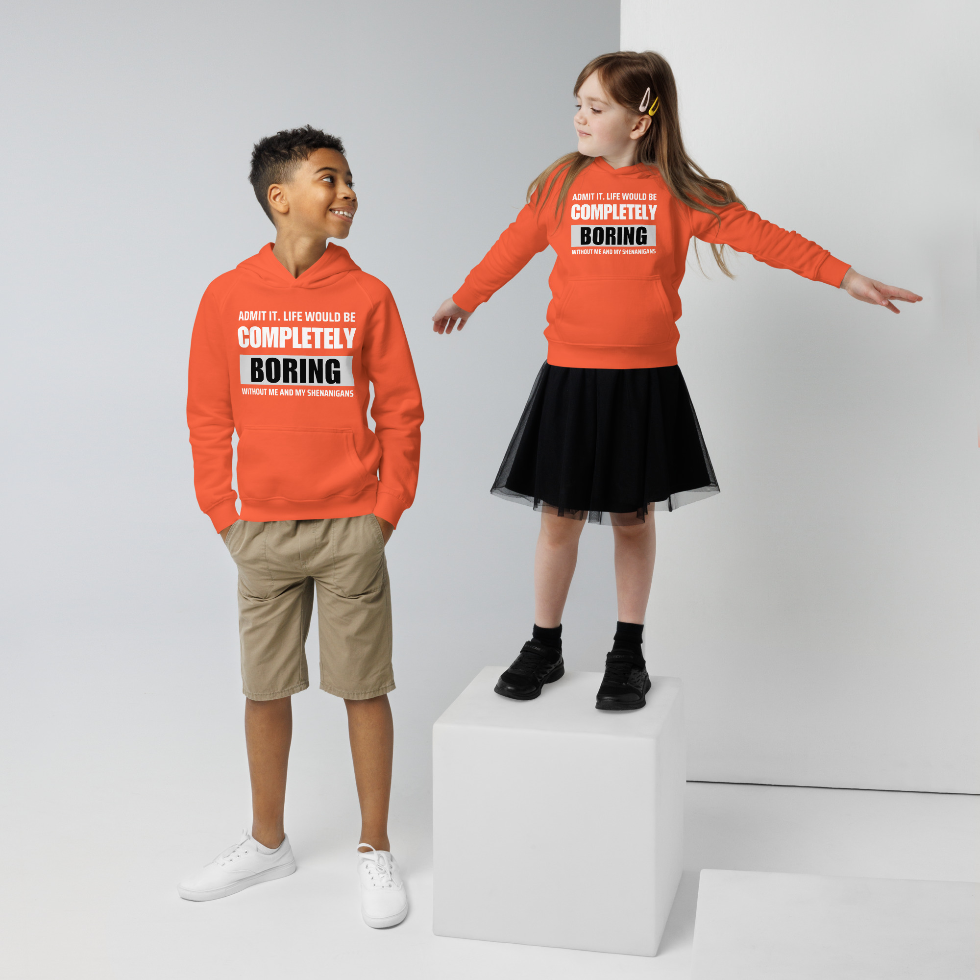 "Admit it.  Life Would be Completely Boring without my Shenanigans" Kids eco hoodie – Image 1