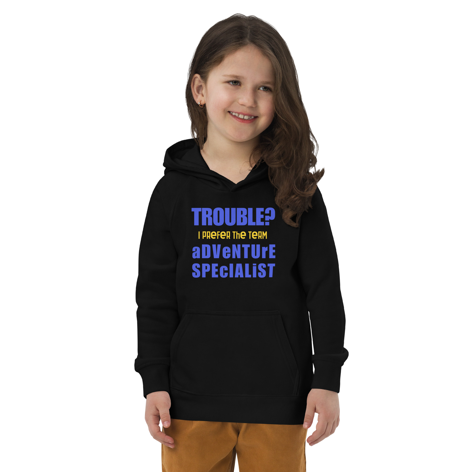 "Trouble, I prefer the term Adventure Specialist" Kids eco hoodie – Image 9