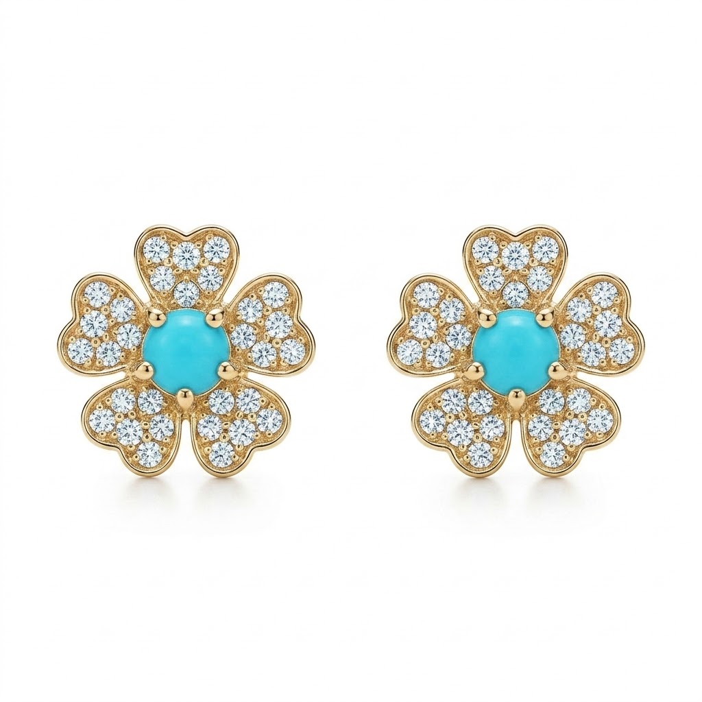 14K Yellow Gold Diamond & Turquoise Flower Studs  – Image 1