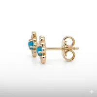 14K Yellow Gold Diamond & Turquoise Flower Studs  – Image 2