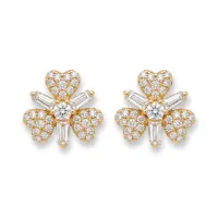 14K Yellow Gold Diamond Heart Flower Studs with baguette Diamonds – Image 1