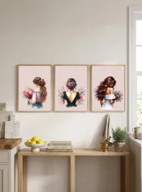 Aesthetic Wall Art Set of 3 – Printable Home Decor Digital Download – Floral Girl – Rose Series
