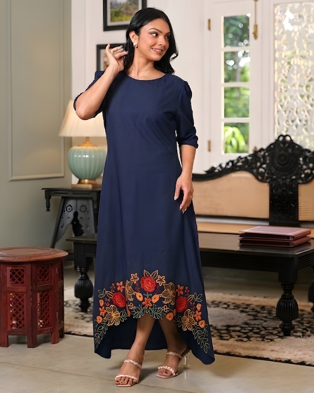 Floral Cut Embroidery Detail High-Low Maxi Dress – Image 7