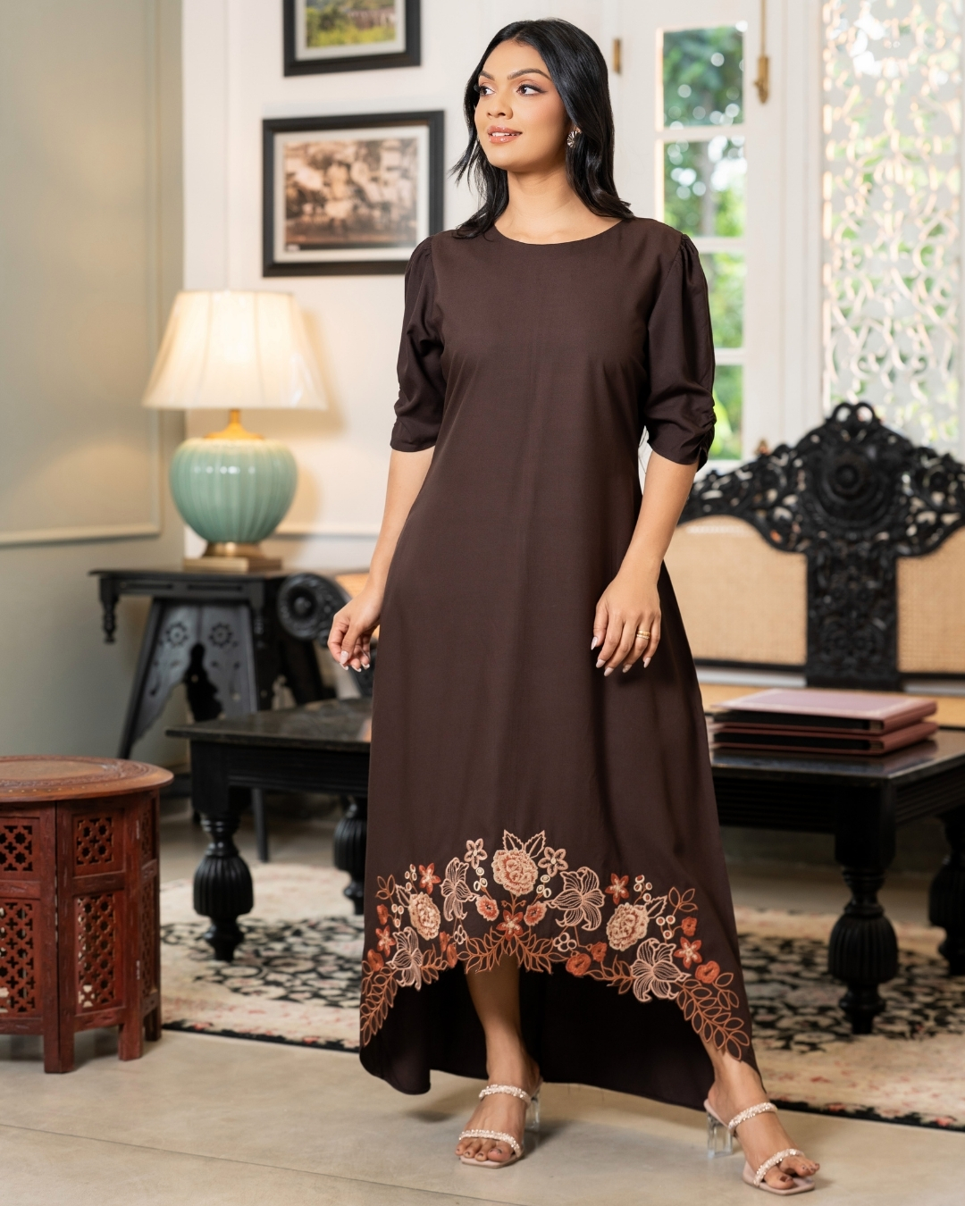 Floral Cut Embroidery Detail High-Low Maxi Dress – Image 3