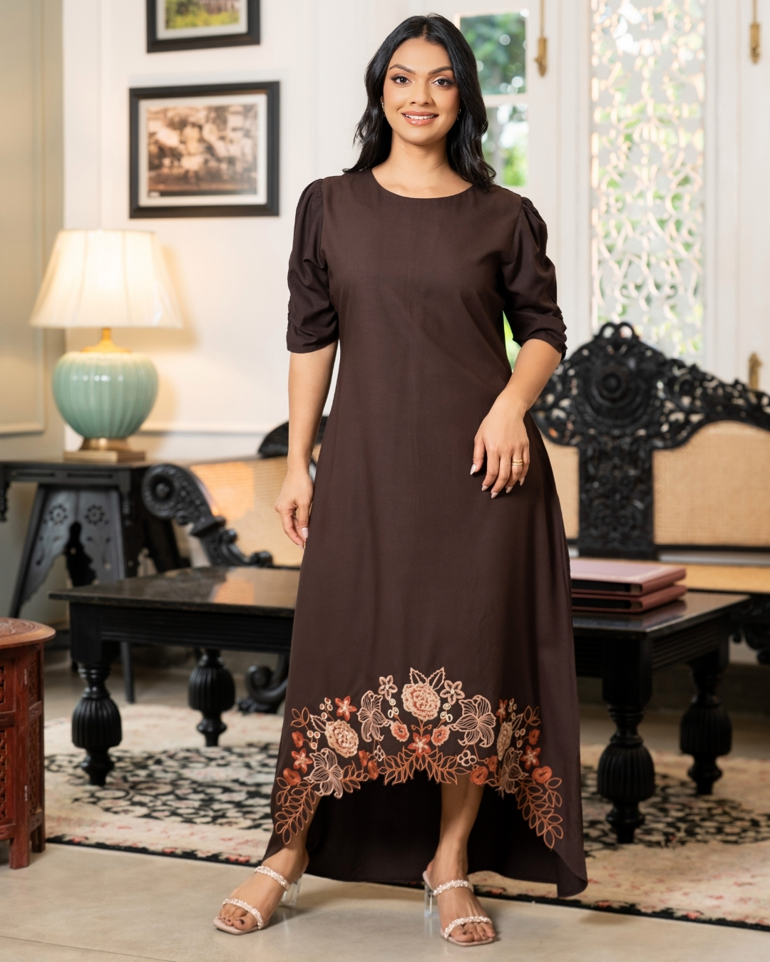Floral Cut Embroidery Detail High-Low Maxi Dress – Image 4