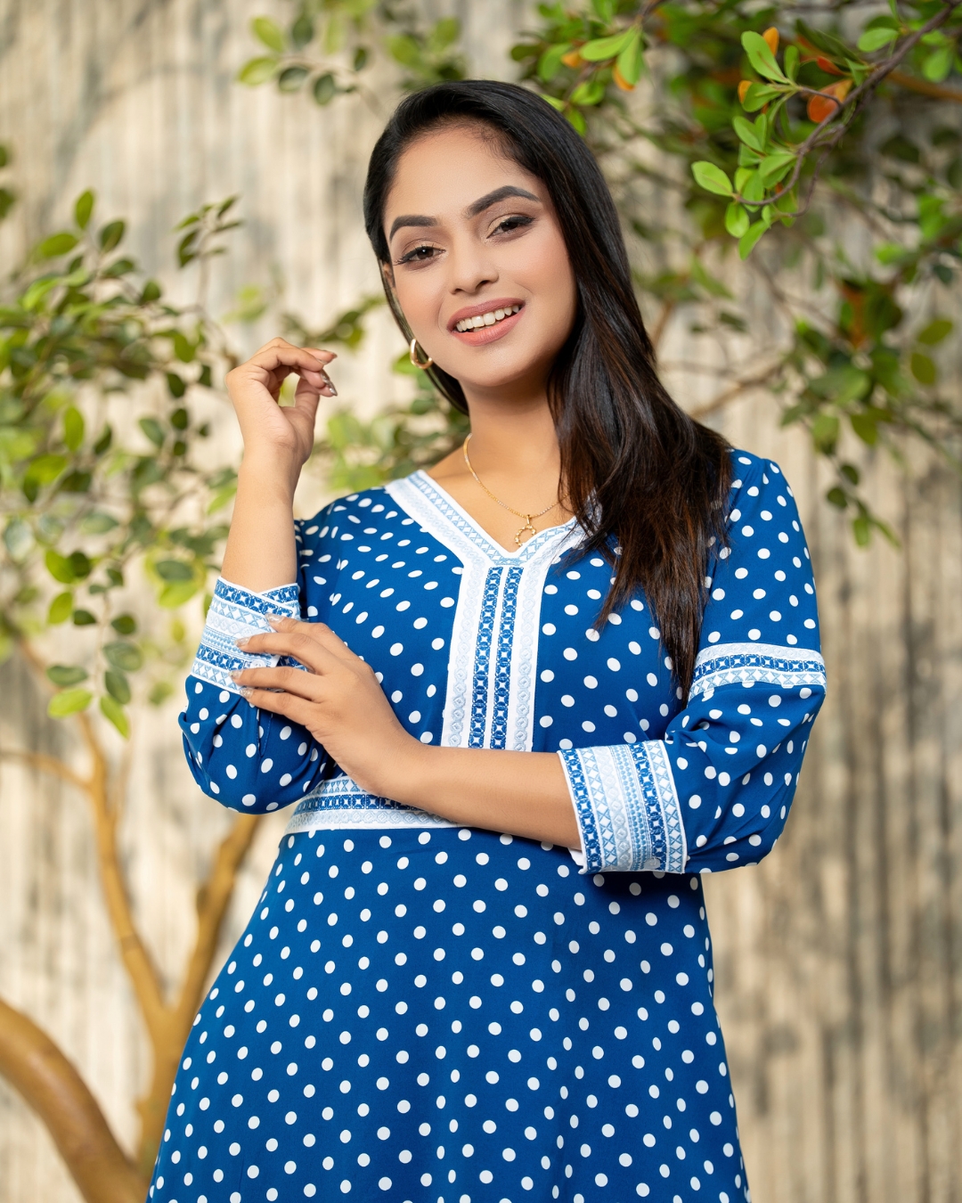 Polka Dot Patterned Contrast Embroidery Short Dress – Image 2