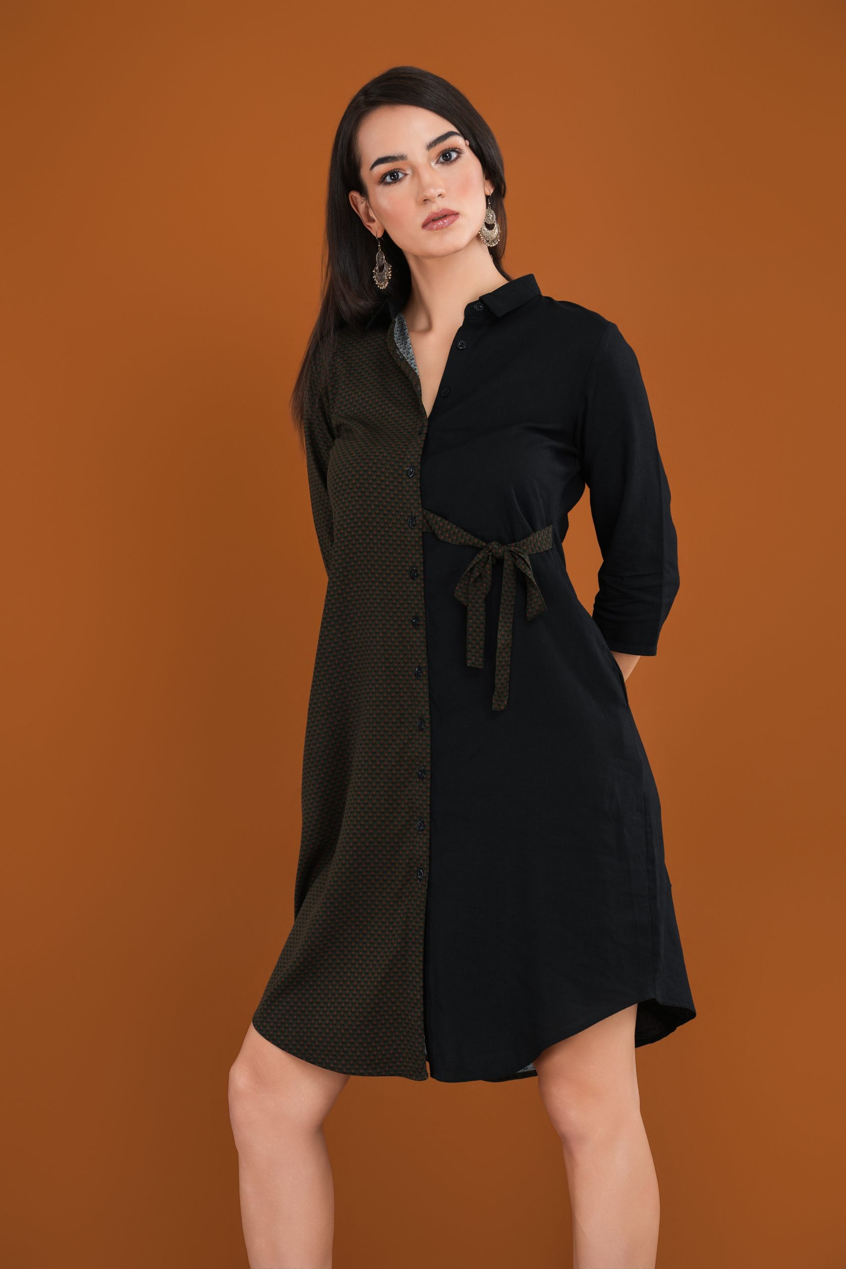Two-Tone Tie-Up Shirt Dress – Image 2