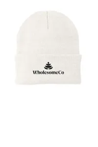 2.5" Embroidery - Port Authority CP90 Cuffed Beanie – White - Black Thread, Logo with wording