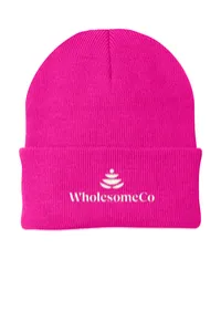 2.5" Embroidery - Port Authority CP90 Cuffed Beanie – Neon Pink Glo - White Thread, Logo with wording