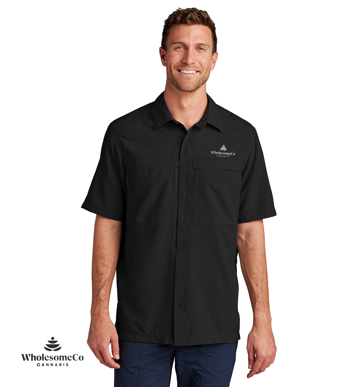 Port Authority W961 Short Sleeve UV Daybreak Shirt – DeepBlack with White Logo, XS