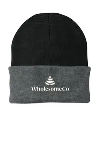 2.5" Embroidery - Port Authority CP90 Cuffed Beanie – Black / Athletic Oxford - White Thread, Logo with wording