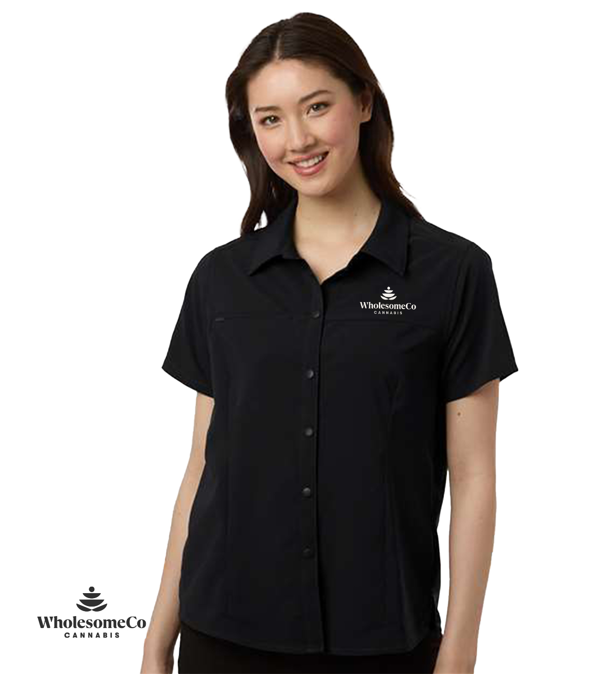 Core 365 CE520W Women's UltraUVP Shoreline Staff Shirt – Black with White Logo, XS