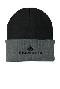 2.5" Embroidery - Port Authority CP90 Cuffed Beanie – Black / Athletic Oxford - Black Thread, Logo with wording